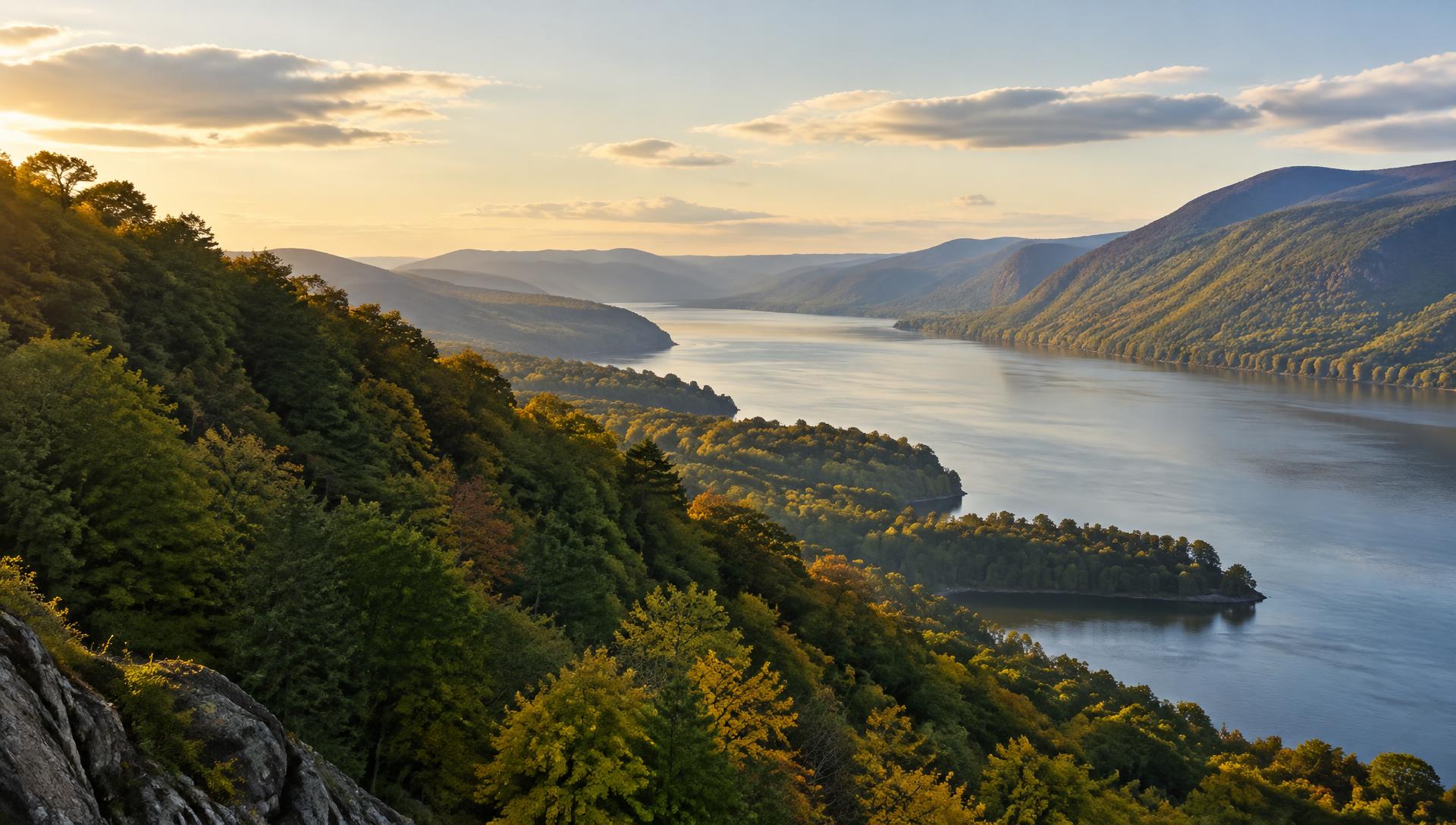 The Hudson River winding between forested hills in the Hudson Valley, New York